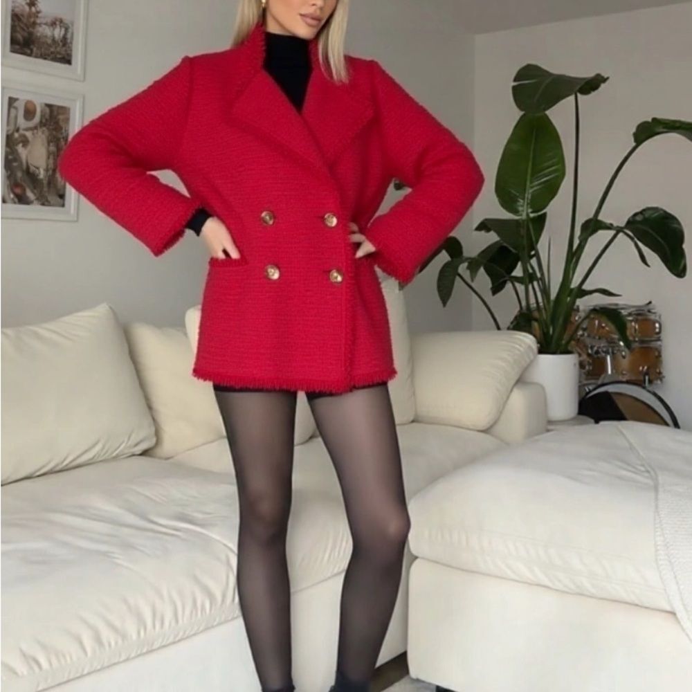 Chico’s Red Tweed Double-Breasted Coat Size M